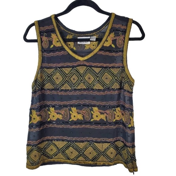 Chico's Design Beaded Sleeveless Embroidered Blouse Top Size 2 Large or 12 - Picture 1 of 7